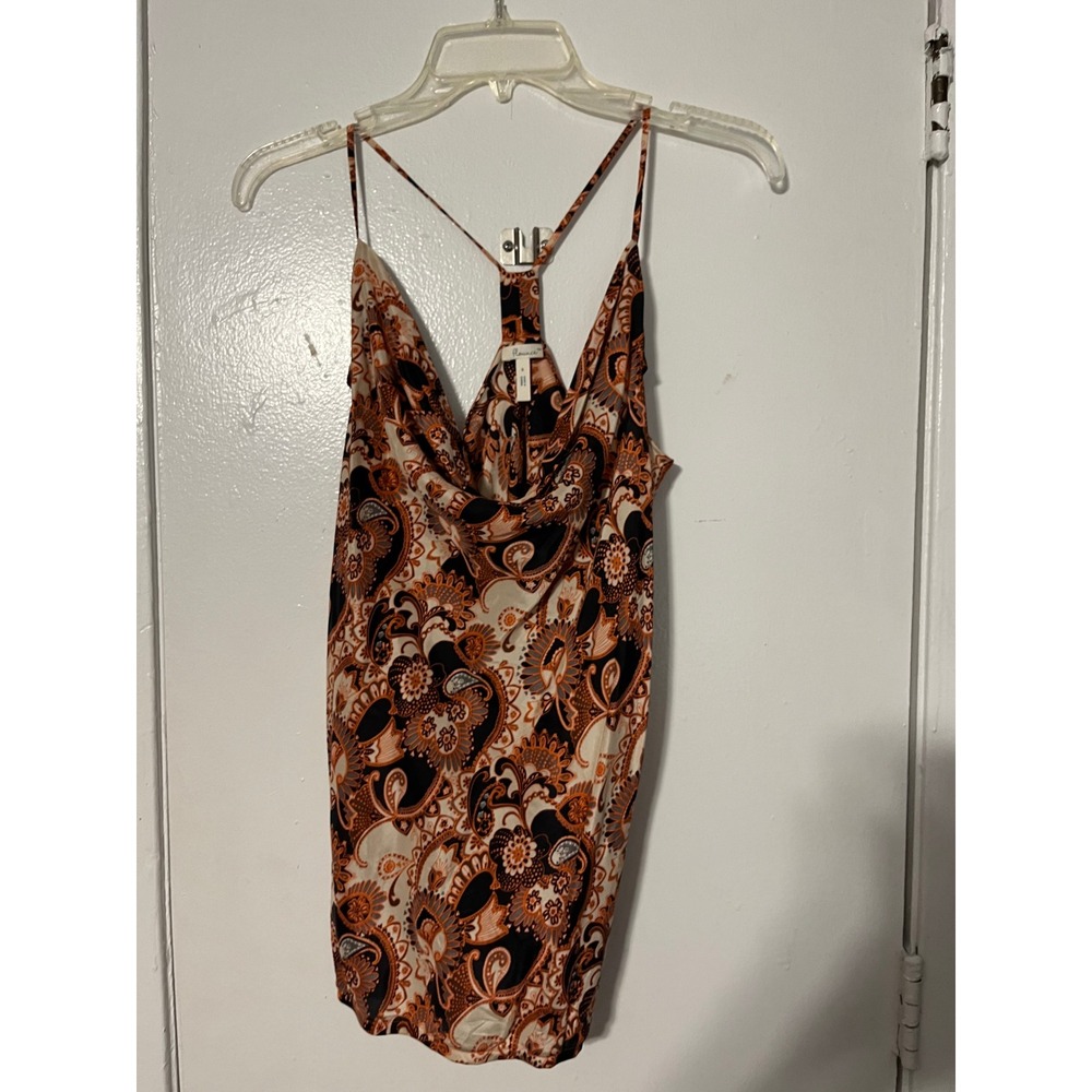 Flounce 100% Silk Cami Tank‎ Top Small Paisley Cowl Neck Racerback Orange Black